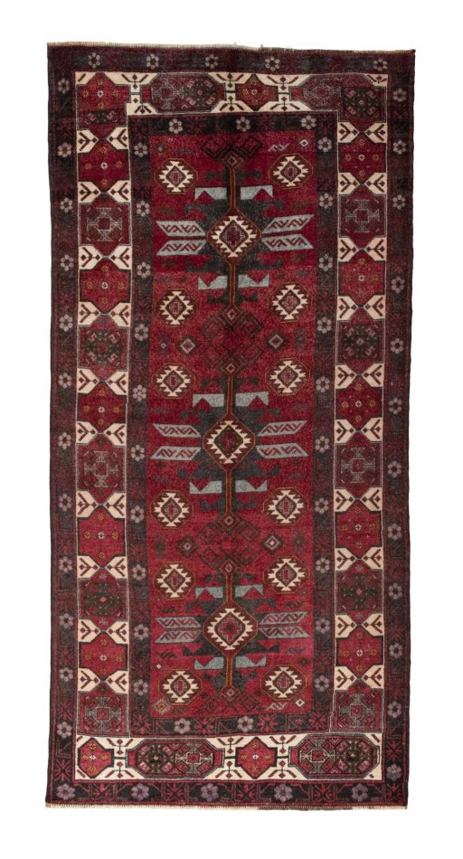 Full view of 2000s Torkaman rug from Iran / Persia, 320 × 152 cm in Red tones
