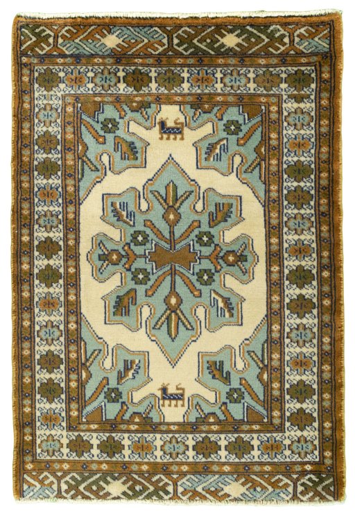 Full view of 2000s Torkaman rug from Iran / Persia, 86 × 60 cm in Beige tones