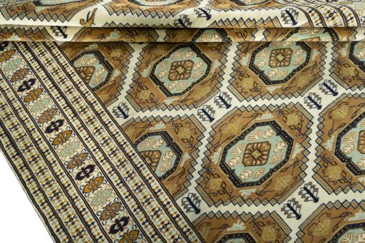 Full view of New Torkaman rug from Turkey, 296 × 214 cm in Beige tones