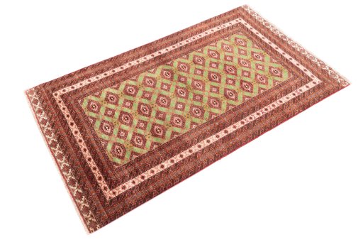 Corner detail of 1995s Torkaman rug showing border pattern and Wool pile