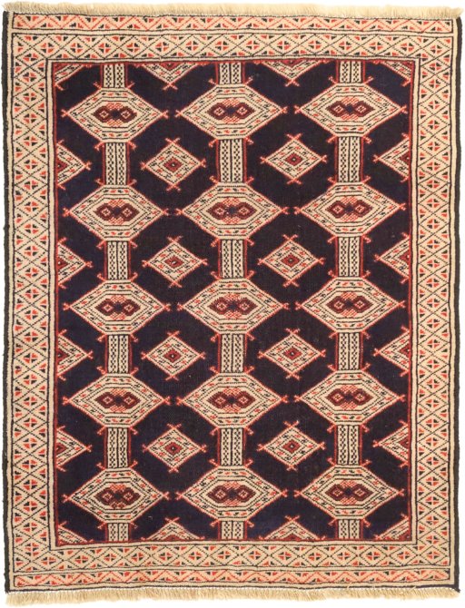 Full view of 1990s Torkaman rug from Iran / Persia, 105 × 85 cm in Beige tones