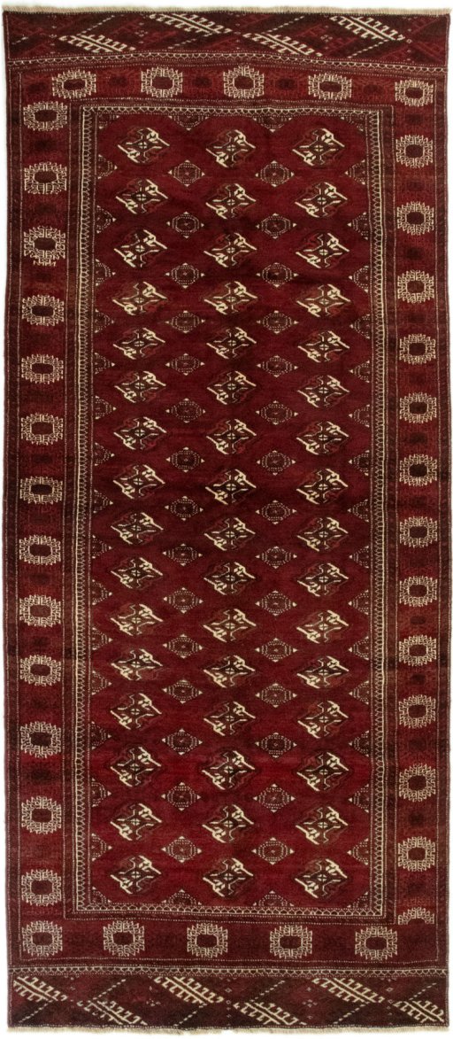 Full view of 2017s Torkaman rug from Iran / Persia, 355 × 155 cm in Dark red tones