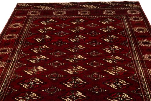 Full view of 2017s Torkaman rug from Iran / Persia, 355 × 155 cm in Dark red tones