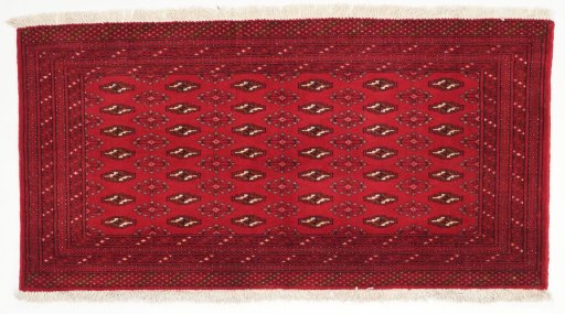 Full view of 2000s Torkaman rug from Iran / Persia, 125 × 65 cm in Red tones