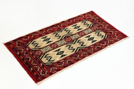 Corner detail of 2000s Torkaman rug showing border pattern and Wool pile
