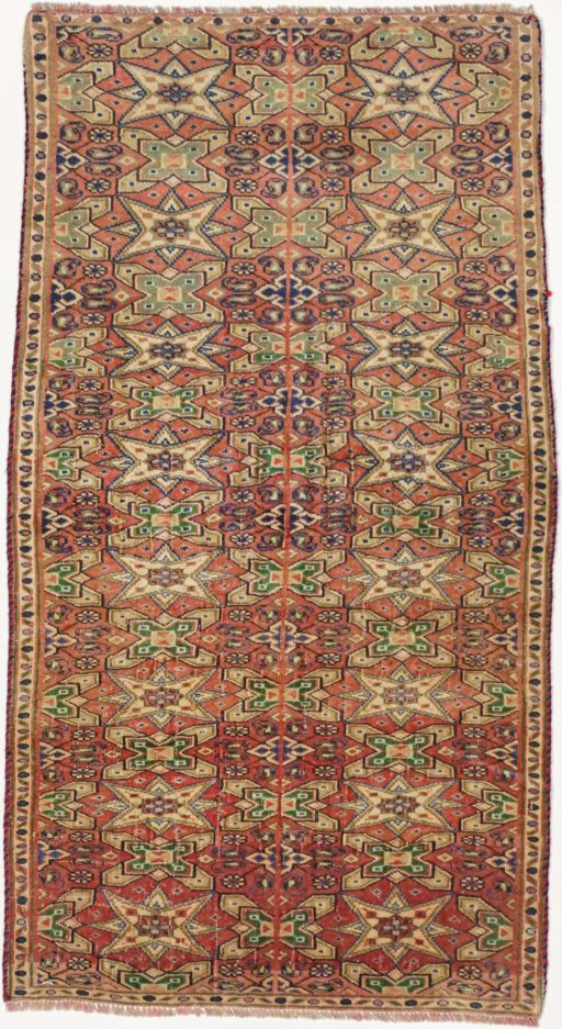 Full view of 1990s Torkaman rug from Iran / Persia, 147 × 77 cm in Beige tones