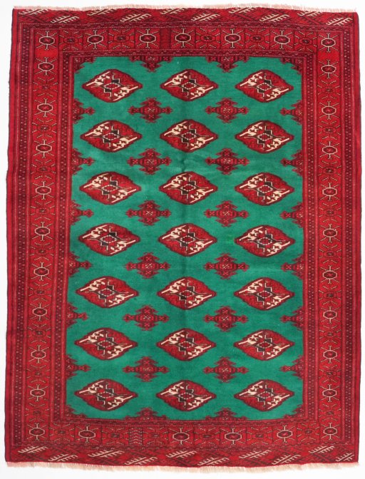 Full view of 1990s Torkaman rug from Iran / Persia, 185 × 145 cm in Green tones