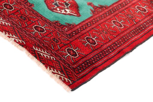 Backside of handmade 1990s Torkaman rug showing knot structure and weave density