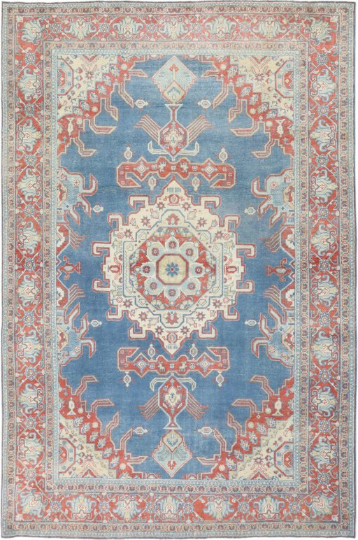 Full view of 1920s Wiss rug from Iran / Persia, 344 × 224 cm in Blue tones