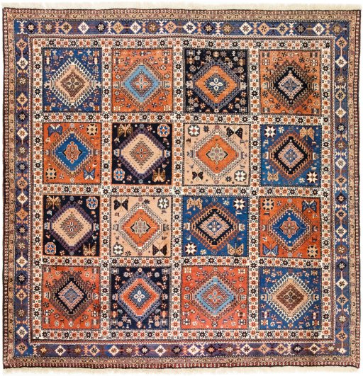 Full view of 1990s Yalameh rug from Iran / Persia, 201 × 199 cm in Multi Color tones