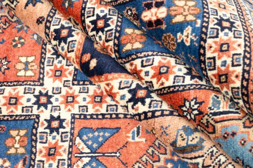 Full view of 1990s Yalameh rug from Iran / Persia, 201 × 199 cm in Multi Color tones