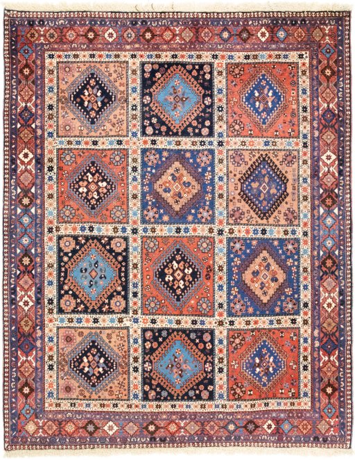 Full view of 1990s Yalameh rug from Iran / Persia, 193 × 151 cm in Multi Color tones