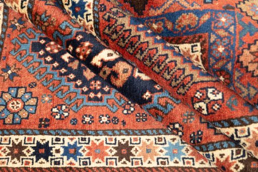 Full view of 1990s Yalameh rug from Iran / Persia, 193 × 151 cm in Multi Color tones