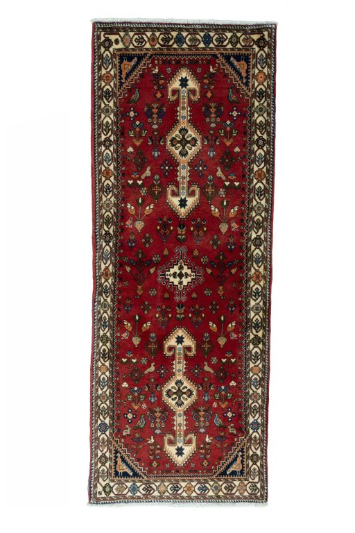 Full view of 2000s Yalameh rug from Iran / Persia, 213 × 79 cm in Red tones