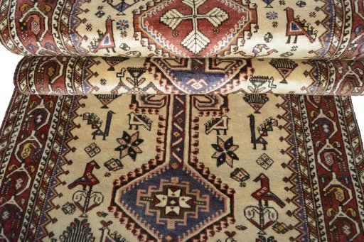Full view of 2000s Yalameh rug from Iran / Persia, 405 × 100 cm in Beige tones