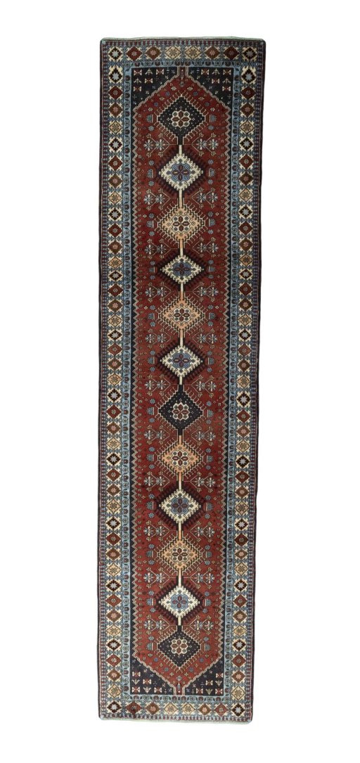 Full view of 2000s Yalameh rug from Iran / Persia, 367 × 86 cm in Red tones