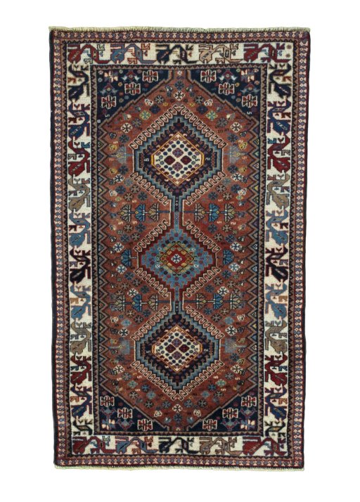 Full view of 2000s Yalameh rug from Iran / Persia, 137 × 80 cm in Red tones