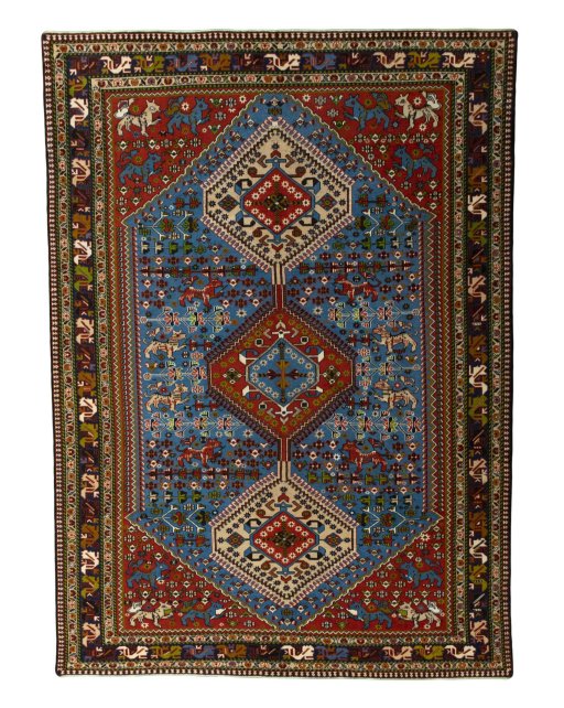 Full view of 1970s Yalameh rug from Iran / Persia, 307 × 221 cm in Blue tones
