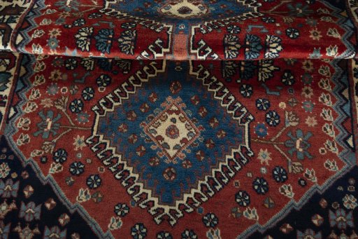 Full view of 1970s Yalameh rug from Iran / Persia, 134 × 105 cm in Red tones