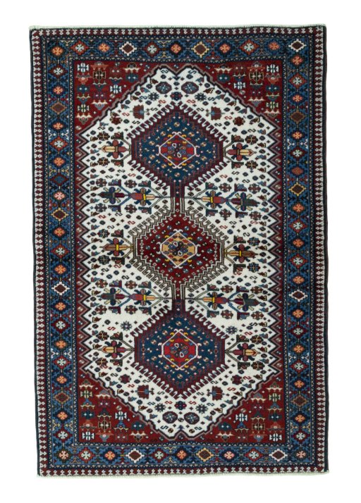 Full view of 2000s Yalameh rug from Iran / Persia, 153 × 101 cm in Beige tones