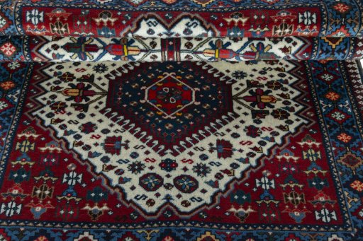 Full view of 2000s Yalameh rug from Iran / Persia, 153 × 101 cm in Beige tones