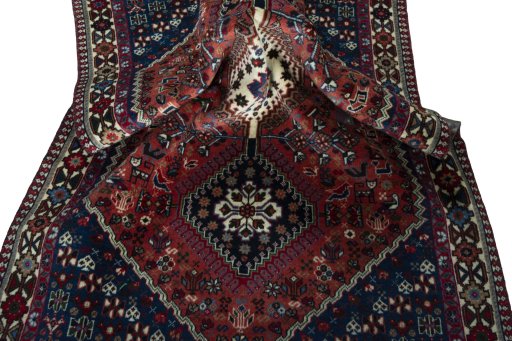 Corner detail of 2000s Yalameh rug showing border pattern and Wool pile