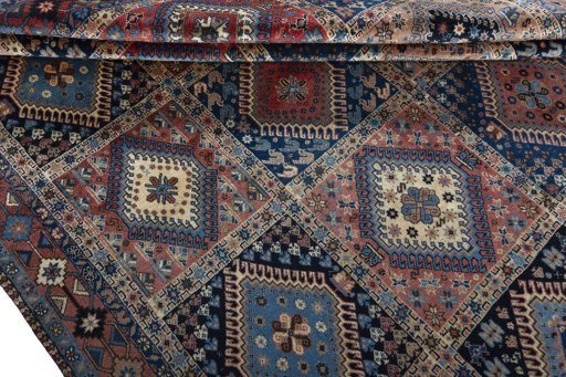 Full view of 2000s Yalameh rug from Iran / Persia, 240 × 197 cm in Multi Color tones
