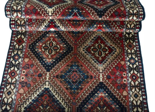 Corner detail of 2000s Yalameh rug showing border pattern and Wool pile