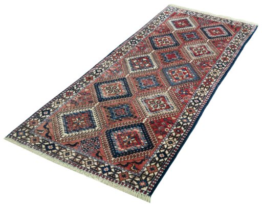 Corner detail of 2000s Yalameh rug showing border pattern and Wool pile