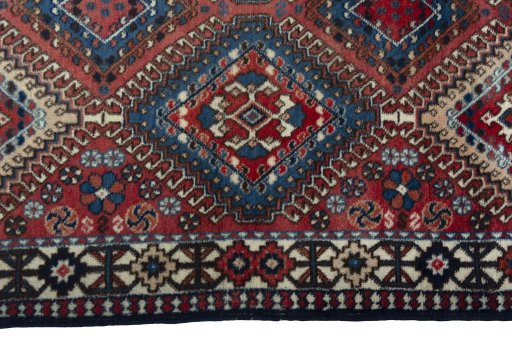 Full view of 2000s Yalameh rug from Iran / Persia, 197 × 77 cm in Red tones