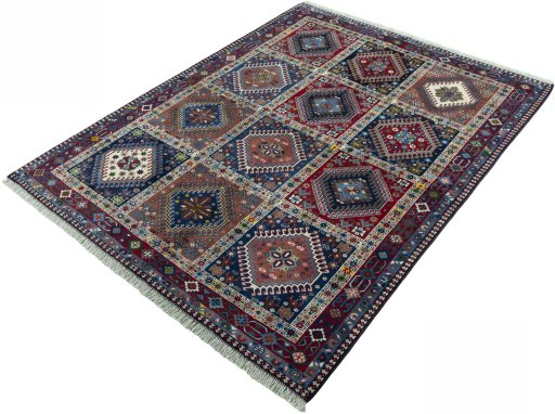 Corner detail of 2000s Yalameh rug showing border pattern and Wool pile