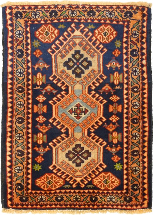 Full view of 1990s Yalameh rug from Iran / Persia, 85 × 60 cm in Multi Color tones