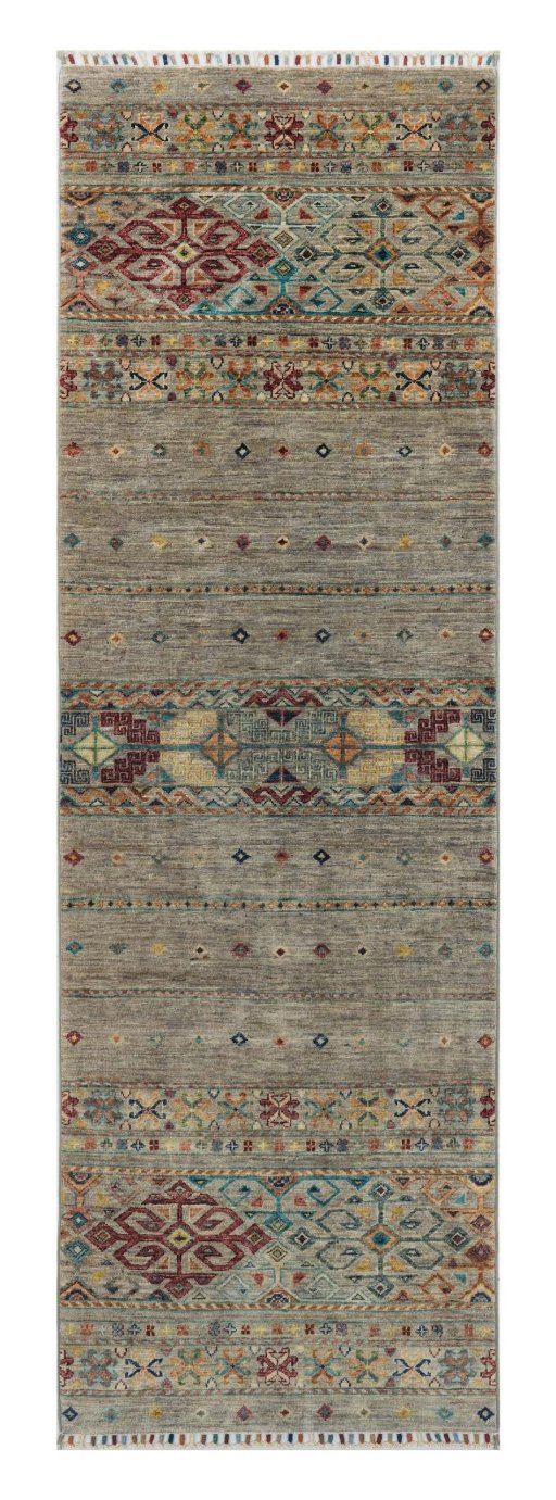 Full view of New Samarkand rug from Pakistan, 246 × 78 cm in Gray tones