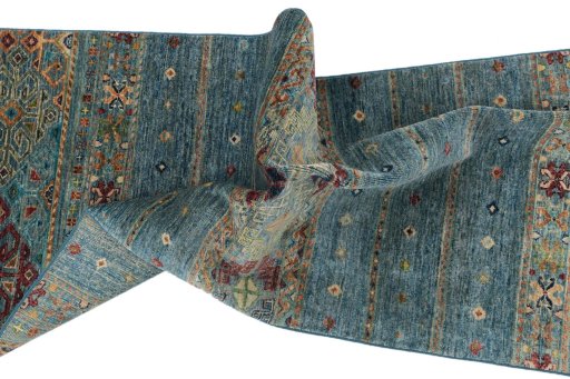 Full view of New Samarkand rug from Pakistan, 250 × 79 cm in Blue tones