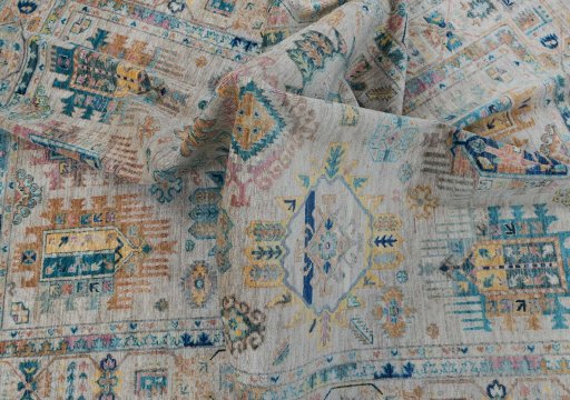 Full view of New Samarkand rug from Pakistan, 247 × 167 cm in Beige tones