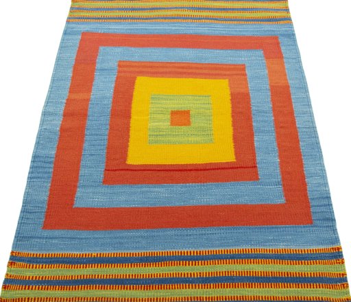 Close-up detail of New Kilim Sofre rug from Turkey showing Wool weave
