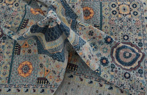 Full view of New Mamluk rug from Pakistan, 297 × 203 cm in Beige tones