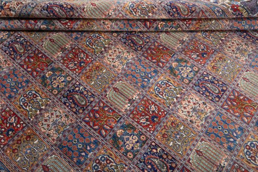 Full view of 2000s Moud rug from Iran / Persia, 394 × 288 cm in Multi Color tones