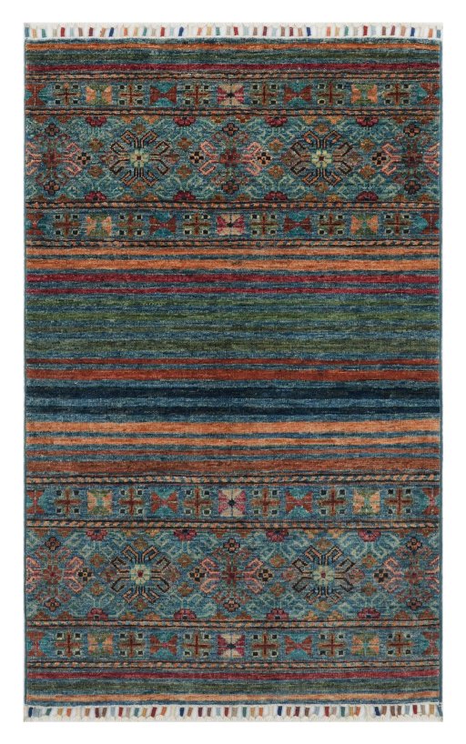 Full view of New Samarkand rug from Pakistan, 131 × 81 cm in Multi Color tones