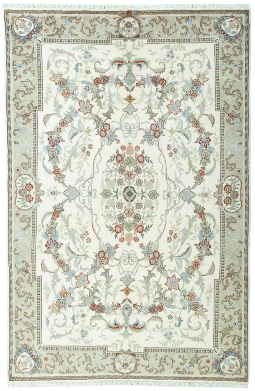 Full view of New Kashmar rug from Iran / Persia, 300 × 198 cm in Beige tones