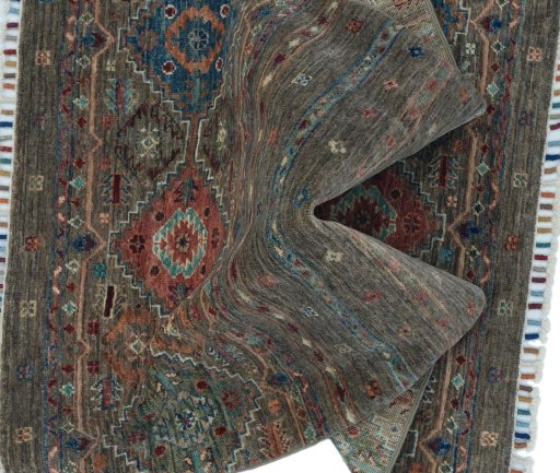 Full view of New Samarkand rug from Pakistan, 123 × 77 cm in Gray tones