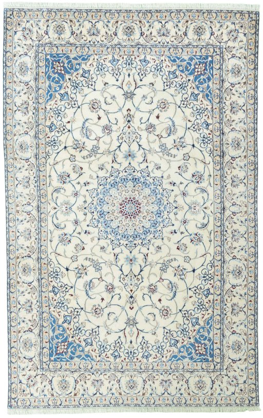 Full view of 2000s Nain rug from Iran / Persia, 338 × 215 cm in Beige tones