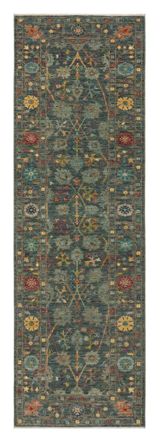 Full view of New Farahan rug from Pakistan, 246 × 77 cm in Green tones