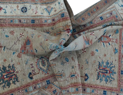 Full view of New Kazak rug from Pakistan, 291 × 213 cm in Beige tones