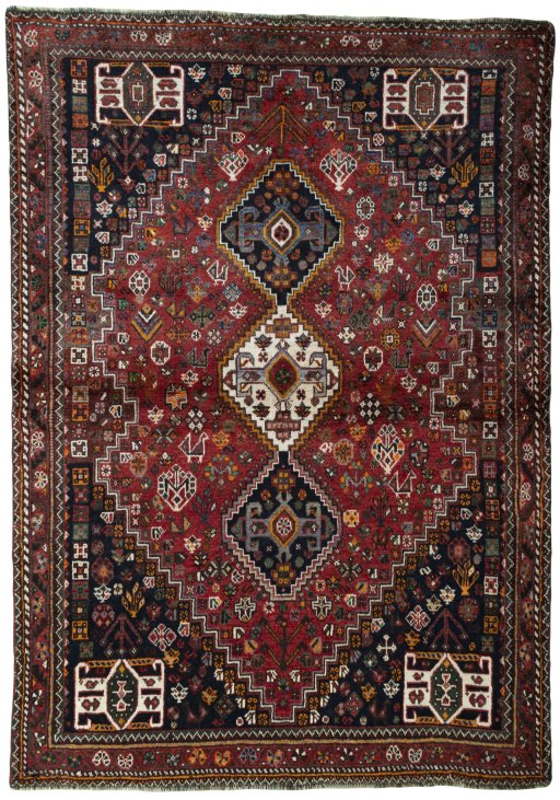 Full view of 2000s Shiraz rug from Iran / Persia, 213 × 150 cm in Red tones