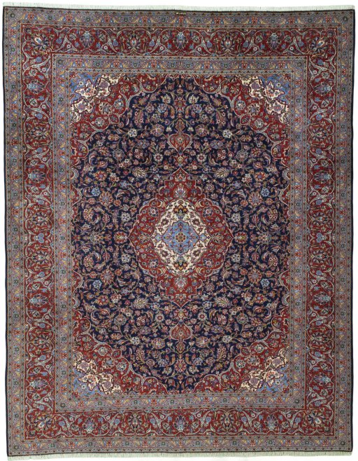 Full view of New Kashan rug from Iran / Persia, 385 × 306 cm in Blue tones