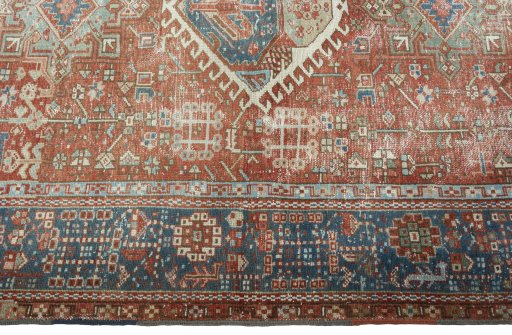 Full view of 1930s Heriz rug from Iran / Persia, 198 × 153 cm in Red tones