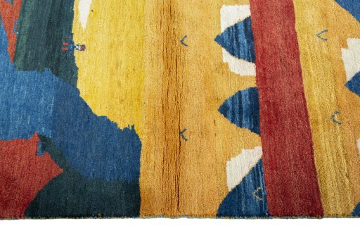 Close-up detail of 2000s Persian Gabbeh rug from Pakistan showing Wool weave