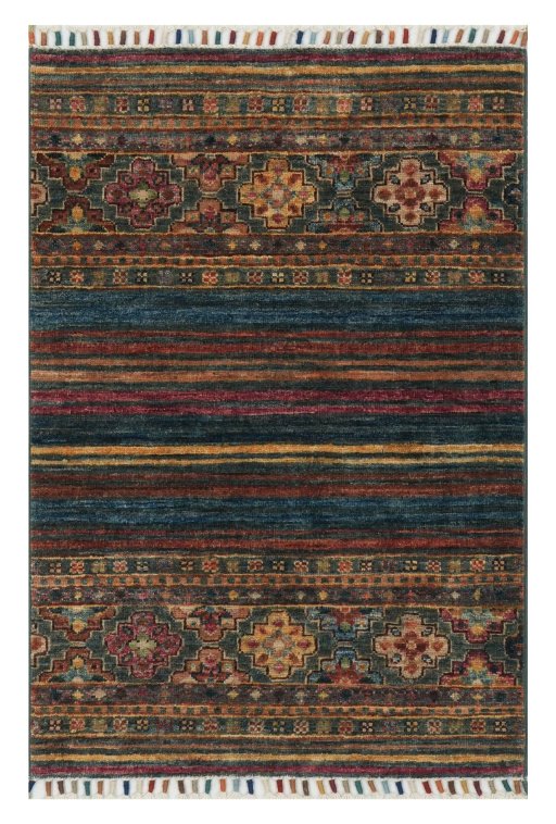 Full view of New Samarkand rug from Pakistan, 97 × 68 cm in Multi Color tones
