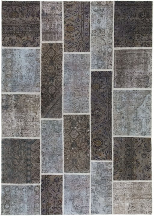 Full view of 1960s Patchwork rug from Iran / Persia, 240 × 170 cm in Gray tones